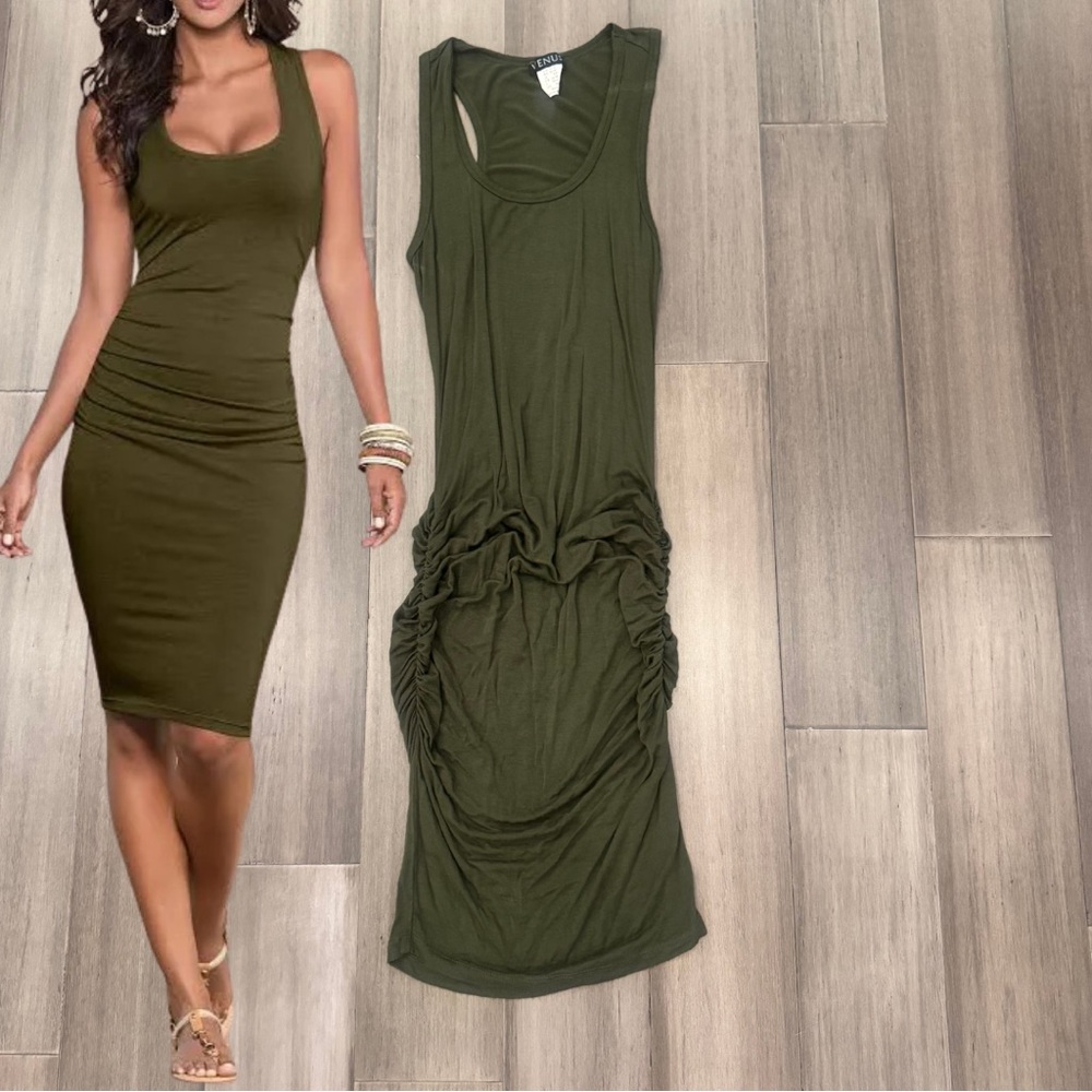 VENUS Army Green Ruched Bodycon Midi Dress | X Small Tank Racerback Fitted